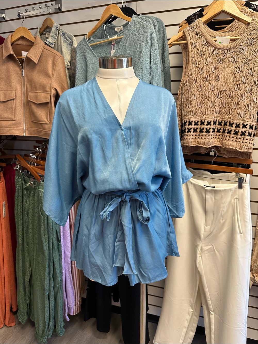 Umgee Light Blue V-Neck Tie-Waist Romper